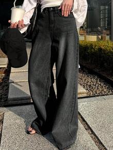 DAZY Jeans droits taille haute ample amincissants, minimaliste et polyvalent, pantalon confortable à longueur cheville pour femmes