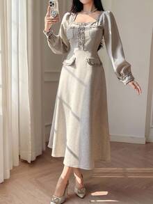 DAZY 女士流苏拼接方领长款A字优雅连衣裙 - 米色 - 查看 3