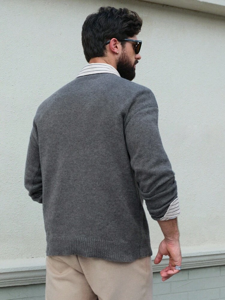 Men's Letter Jacquard Knit Sweater, Dark Grey, Autumn