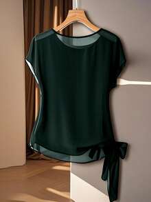 Franclia 女式纯色圆领扭结短袖衬衫 - 墨綠色 - 查看 2