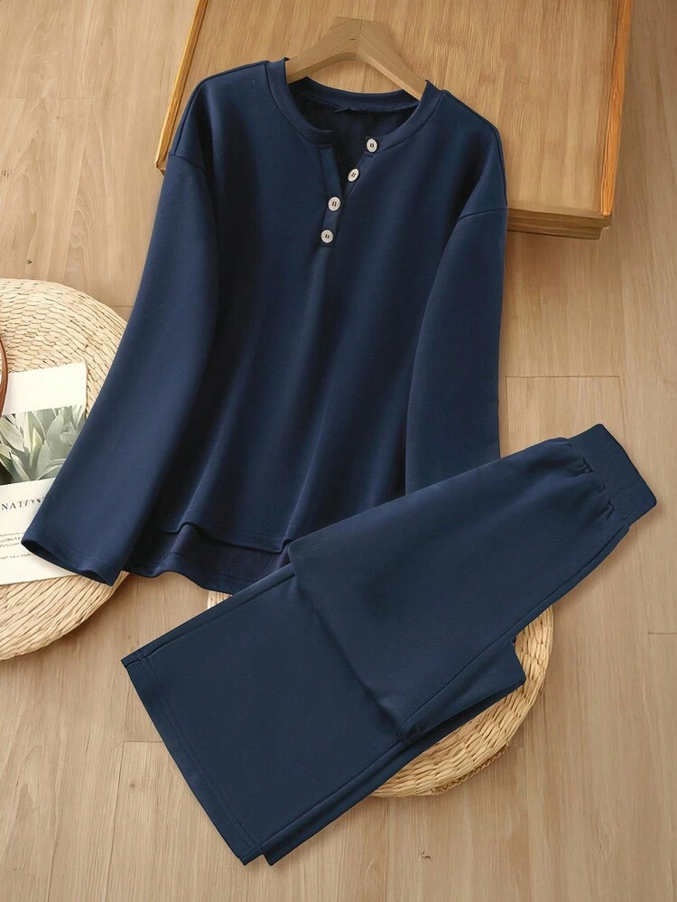 Conjunto de top de punto abotonado de unicolor casual y pantalones de punto holgados