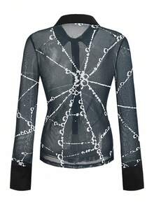 Shutterstock Glamance Black Elastic Mesh Sheer Sexy Spider Web Patchwork Women Long Sleeve Blouse, Suitable For Autumn/Winter Parties, Gatherings And Daily Wear Casual Stylish Collection New Year - Black - View 2