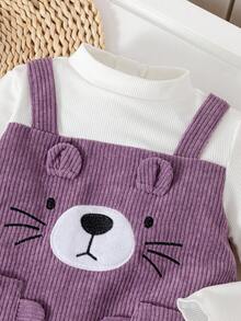 SHEIN Baby Girls Cute Bear Purple Corduroy 2 In 1 Long Sleeve Dress, Sweet Princess High Neck Dress For Autumn/Winter Fall - Purple - View 3