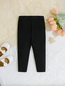 SHEIN Young Girls Thermal Lined Black Knit Leggings, Casual Daily Fashion Versatile Outer Wear Fall Winter - Black - View 3