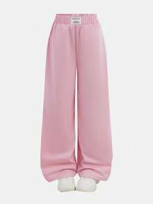 2Pcs Tween Girls Casual Solid Pink And Black Patch Dec Loose Wide Leg Pants, Black + Pink 2 Pieces, Relaxed Style, Back To School Season, Fall Winter Clothes, Winter Girls Clothes, Winter Girls Clothes Wide Leg Sweatpants Girls Pants Loose Pants Pink Pants Black Pants Pants For Girls - Multicolor - View 4