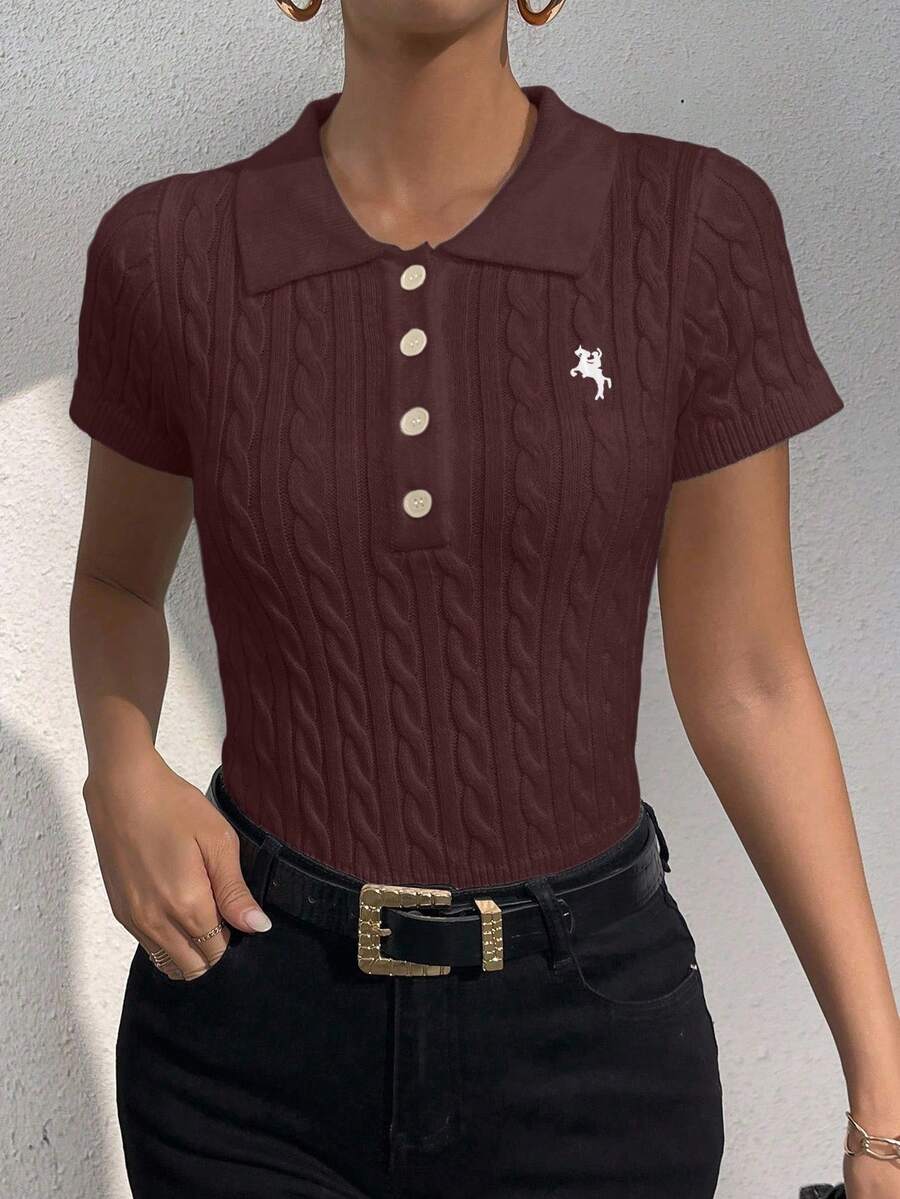 RosyDaze Blusa de punto de manga corta de unicolor y estilo minimalista, para uso diario - Café integral - Ver 1