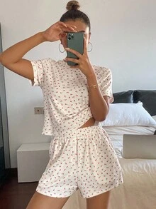 Livesso 2 件套 Ditsy Floral 女士短袖睡衣套装