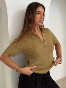 Aloruh 女式学院风马球领扭纹针织短袖毛衣，秋冬 - 芥末黃 - 查看 5