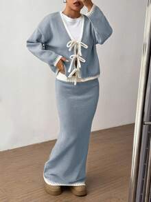 Flirla 2pcs Ombre Bowknot Strap Casual Basic Knit Set, Autumn/Winter - Multicolor - View 5