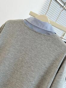 Franclia 女士秋季拼布条纹衬衫领落肩长袖休闲宽松运动衫 - 灰色 - 查看 6