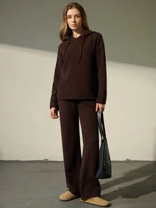 Aveloria Modichic 2 件纯色休闲宽松家居服连帽套头衫和阔腿裤针织毛衣套装 - 棕色 - 查看 1