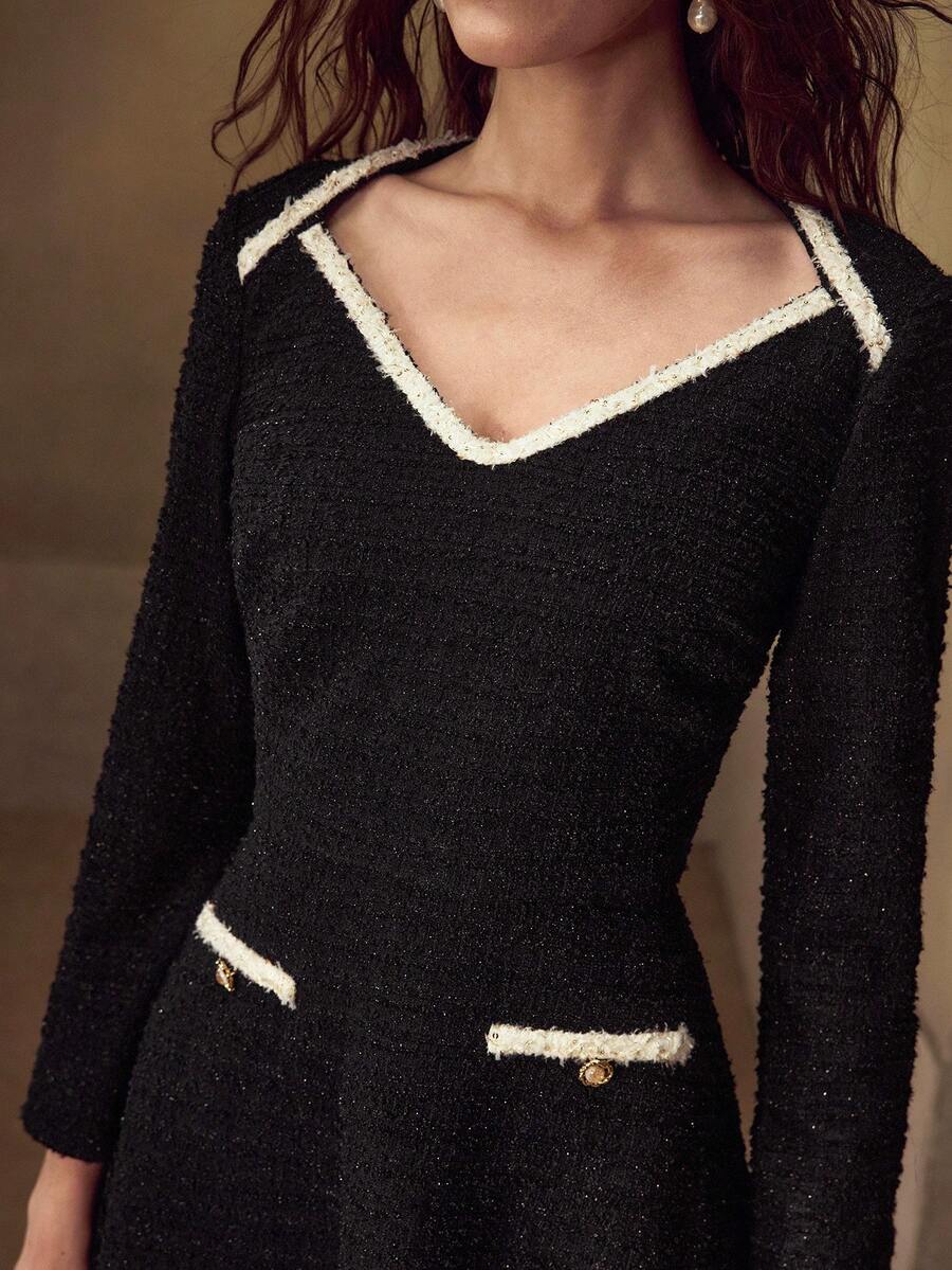 MOTF PREMIUM TWEED CONTRAST TRIM DRESS - Black and White - View 2