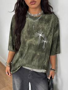 Coolane Women's All-Season Concert Rave Streetwear Vintage Concert Music Festival Y2K Diamond Pattern Sparkly Long Tees - Army Green - View 5