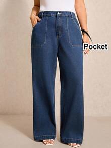 Elaquor 大码女式无弹力休闲修身水洗直筒牛仔裤 - 深色水洗藍 - 查看 4