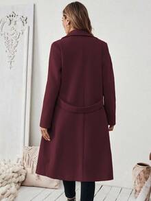 SHEIN 平领纯色口袋优雅系带长袖外套 - 酒紅色 - 查看 2