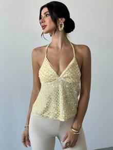 Firerie 女士优雅精致浪漫度假性感新款V领透明露背奶油黄色吊带背心上衣 - 黃色 - 查看 3