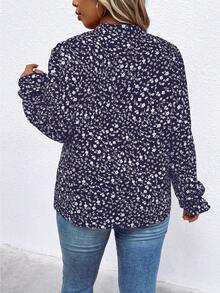 SHEIN Clasi 女士加大碼花卉印花荷葉邊長袖襯衫 - 藏蓝色 - 查看 2