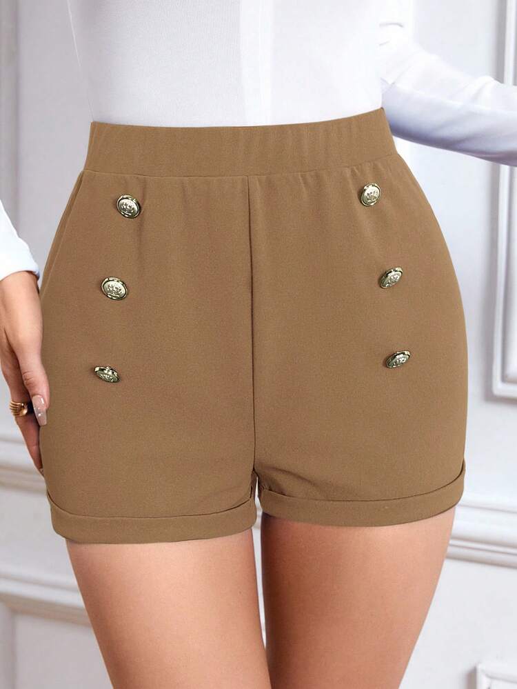 SHEIN PETITE CURVE 夏季高腰纽扣短裤 - 卡其色 - 查看 3
