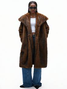 GENKIRA Luxury Oversized Lapel Brown Faux Fur Coat,Winter Elegant Evening Mid-Length Classy Style,Suitable For Commute,Party,Autumn/Winter High-End Outerwear - Multicolor - View 4