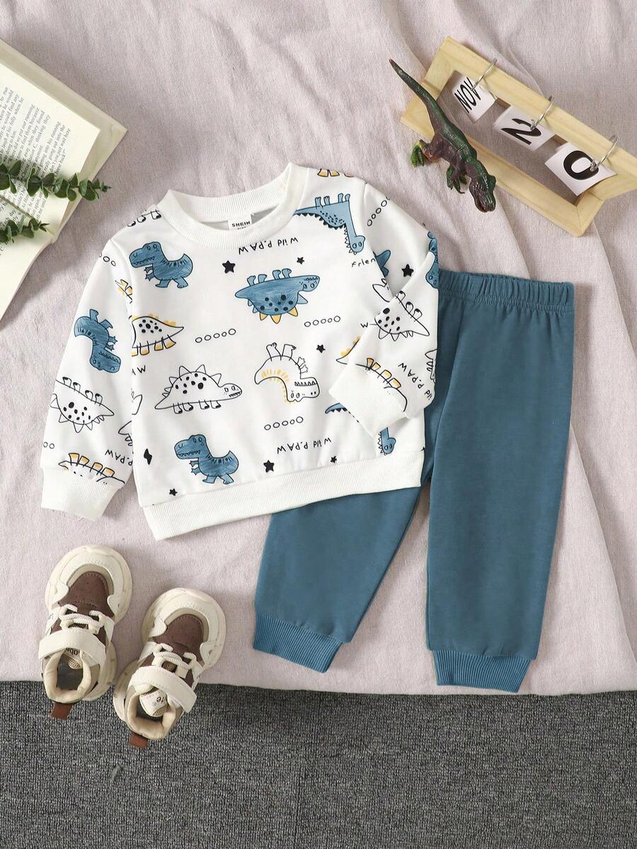 SHEIN Playful Pals 2pcs Baby Boy Dinosaur Print Round Neck Long Sleeve Top And Solid Green Pants Set, Suitable For Outdoor Play, Casual And Sports Wear, Spring/Autumn Baby Boy Winter Set Baby Boy Dinosaur Set Baby Boy Casual Set Fall