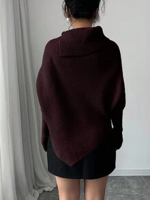 Elenzga Suéter de punto de cuello alto de unicolor con mangas de murciélago asimétricas para mujer, de moda y versátil para vacaciones y días festivos - Red Plum - Ver 2