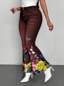 Maweii Pantaloni a zampa di donna taglie forti con stampa floreale e farfalla in finta jeans - Colore mogano - Visualizzare 4