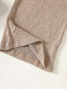 Elladie kids 2 件套青少年女孩罗纹针织 V 领上衣，不对称下摆和阔腿裤套装，休闲家居服优雅时尚装 - 卡其色 - 查看 5