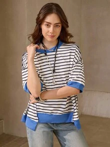 Wildy 休闲美式乡村风蓝色条纹宽松中袖卫衣，蓝白条纹上衣，女士半袖上衣，学院风条纹上衣，蓝白条纹上衣，女士西部牛仔风上衣，乡村教师风上衣，适合秋冬季外出穿着 - 藍色 - 查看 3