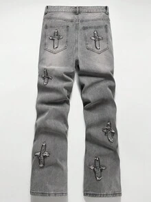 Manfinity EMRG Quần ống rộng denim xanh nhạt, giặt tay phong cách đường phố cổ điển Y2K có miếng vá hình ngôi sao trang trí cho nam - Màu Xám nhạt - Xem 2