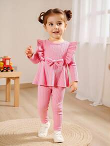 Girls Casual Elegant Daily Round Neck Raglan Long Sleeve Ruffle Waist Bow Textured Fabric T-Shirt With Elastic Waist Solid Color Pants Set, Suitable For All Seasons Fall Winter - Pink - View 4