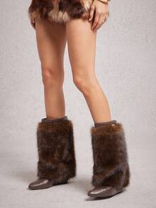 SHUZIA Women's Faux Fur Pointed Toe Wedge Heel Mid-Calf Boots - Coffee Brown - View 2