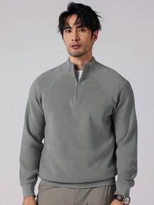 Manfinity Homme Plus Size Men's Solid Color Minimalist Casual Half Zip Long Sleeve Sweater, Fall Winter