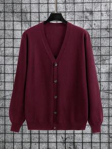 Manfinity Homme Plus Size Men's Casual Solid Color V-Neck Button-Front Long Sleeve Cardigan, Autumn/Winter