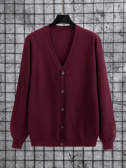 Manfinity Homme Plus Size Men's Casual Solid Color V-Neck Button-Front Long Sleeve Cardigan, Autumn/Winter