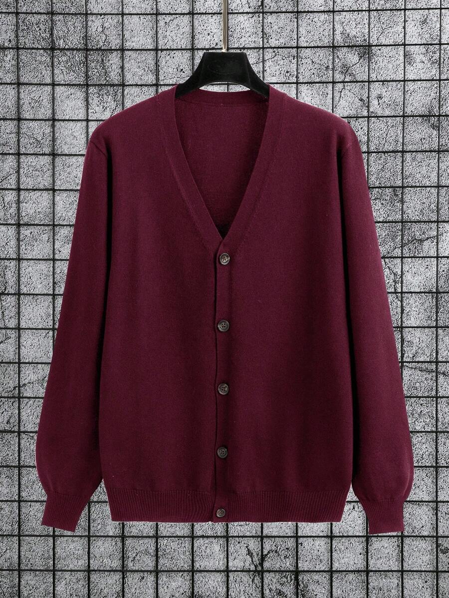 Manfinity Homme Plus Size Men's Casual Solid Color V-Neck Button-Front Long Sleeve Cardigan, Autumn/Winter