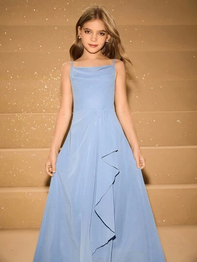 优雅花童礼服，适合毕业典礼、婚礼、舞会，也适合万圣节、圣诞节等场合；无袖雪纺V领中长连衣裙，适合少女；时尚薄纱公主裙，适合返校季秋冬季穿着。