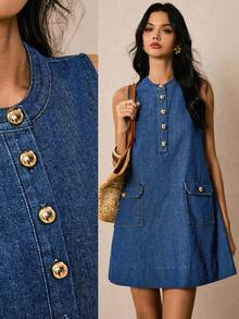 Poéselle 新品 女式牛仔连衣裙 半开襟无袖 A 字直筒连衣裙 蓝色 秋季服装 法式休闲 女士休闲连衣裙 度假连衣裙 返校节连衣裙 外出连衣裙 复古连衣裙 返校节生日连衣裙 女士教师装 纽扣连衣裙 女式牛仔连衣裙 牛仔迷你连衣裙 带口袋连衣裙 无袖牛仔连衣裙 纽扣前开襟连衣裙 带口袋牛仔连衣裙 - 中等水洗藍 - 查看 1