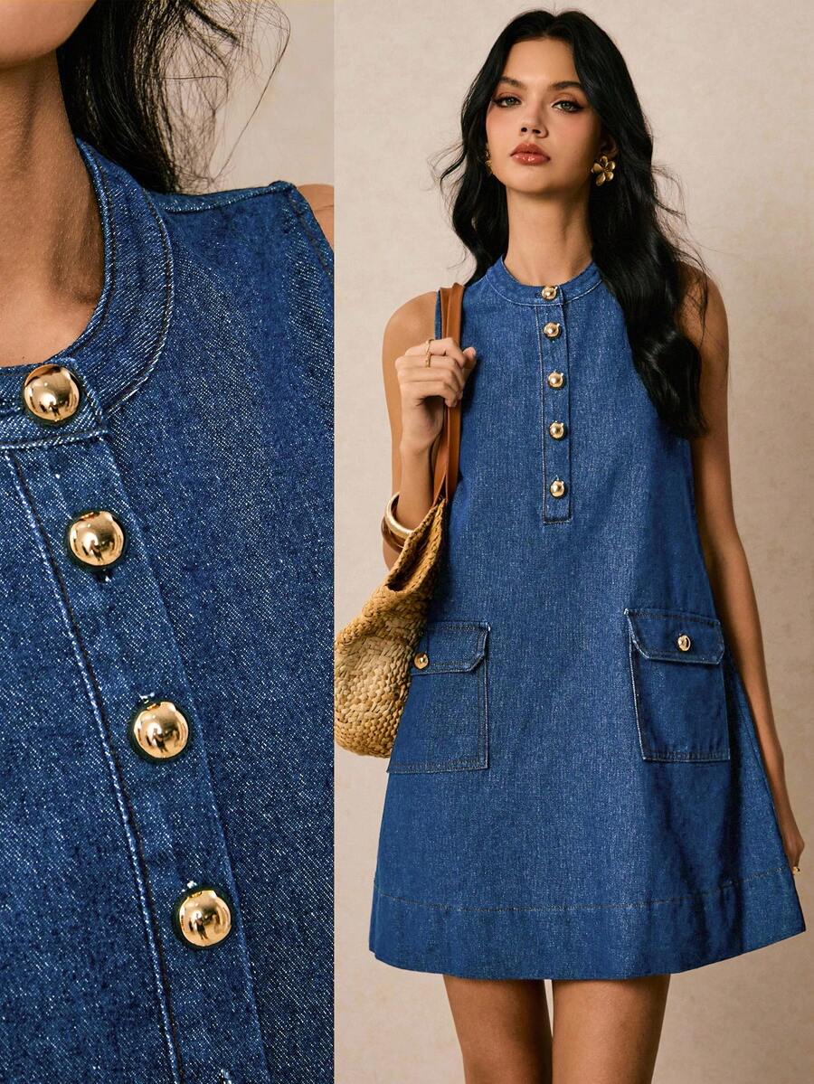 Poéselle 新品 女式牛仔连衣裙 半开襟无袖 A 字直筒连衣裙 蓝色 秋季服装 法式休闲 女士休闲连衣裙 度假连衣裙 返校节连衣裙 外出连衣裙 复古连衣裙 返校节生日连衣裙 女士教师装 纽扣连衣裙 女式牛仔连衣裙 牛仔迷你连衣裙 带口袋连衣裙 无袖牛仔连衣裙 纽扣前开襟连衣裙 带口袋牛仔连衣裙 - 中等水洗藍 - 查看 1