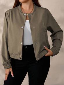 SHEIN Plus Size Women's Solid Color Casual Jacket Fall Winter Cloth For Women Autumn - Army Green - View 3