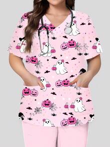 PopScrub Plus Size Halloween Print Short Sleeve Uniform Top - Pink - View 1