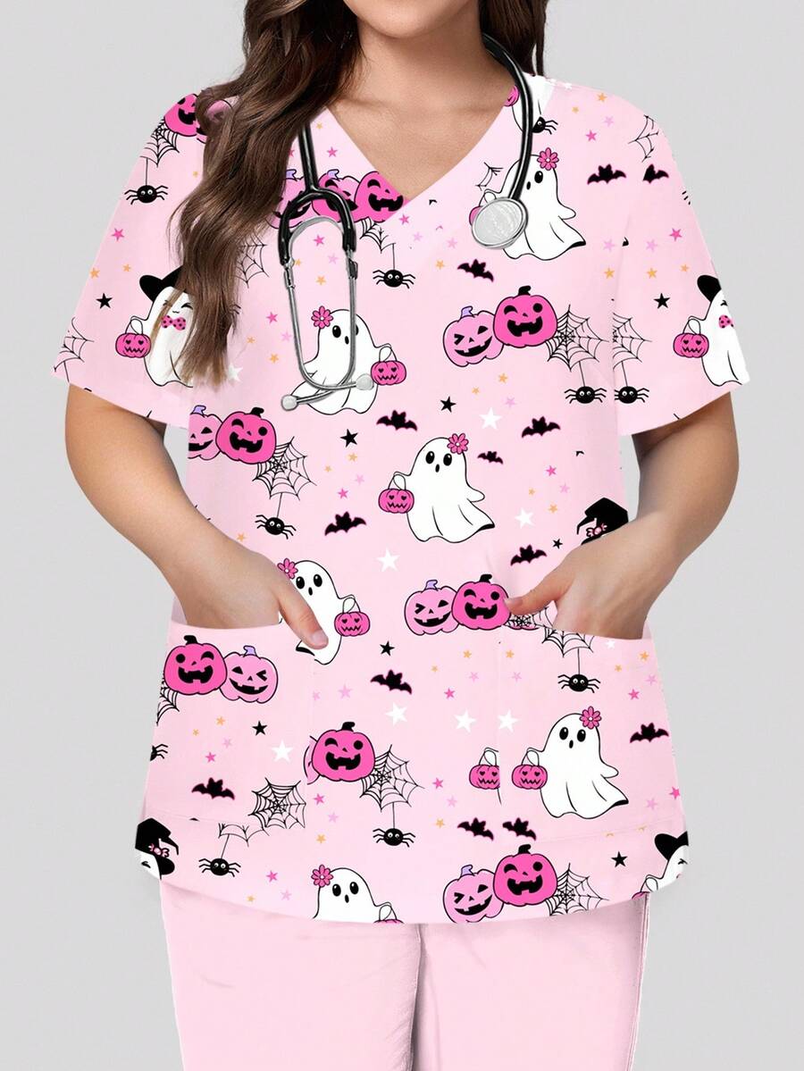 PopScrub Plus Size Halloween Print Short Sleeve Uniform Top - Pink - View 1