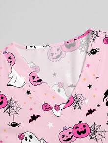 PopScrub Plus Size Halloween Print Short Sleeve Uniform Top - Pink - View 3