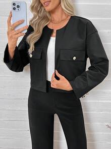 SHEIN LUNE جاكيت طويلة الأكمام باللون الأسود الأساسي والبسيطة للنساء للاستخدام اليومي - الأسود - مشاهدة 4