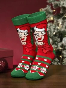 Betty Boop x SHEIN Calcetines casuales de media pantorrilla para mujer, suaves y transpirables, que absorben la humedad, con patrón de hombrecillo de jengibre, de moda y festivos, de color rojo, con refuerzo en los dedos y el talón para mayor durabilidad en invierno