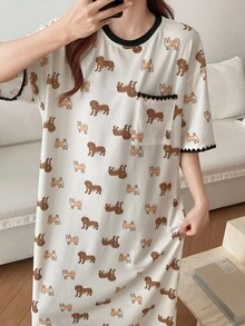 DAZY 小狗印花刺绣撞色边宽松女式睡袍睡衣 - 杏色 - 查看 6