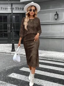 SHEIN LUNE 两件套女士豹纹圆领T恤和半裙休闲套装，适合秋冬季节穿着，豹纹两件套女装，猎豹纹印花 - 彩色 - 查看 5