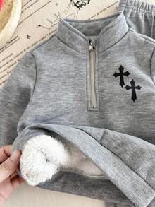 2pcs/Set Baby Boys Thermal Lined Crew Neck Sweatshirt And Jogger Pants Set, Comfortable & Versatile Daily Casual Outfit With Cute Graphic Designs, Suitable For Indoor, Outdoor, Skiing, Sports, Play, Party, Holidays In Autumn/Winter Baby Boy Winter Sets Baby Set Autumn Winter Season - Black and White - View 6