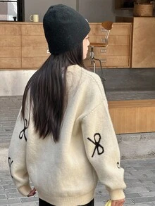 Dazy Kids Flicktröja med rund hals, fjärilsmönster och långärmad, höst - Beige - Visa 4