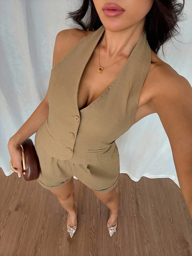 Women's Summer Fashion Commuter Solid Color Backless Halter Top And Shorts 2-Piece Set