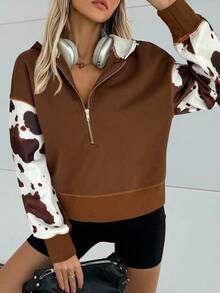 EMERY ROSE Autumn And Winter Fashion Women's Hooded Cow Pattern Print Color Block Half Open Collar Zipper Ribbed Loose Sweatshirt, Fashionable Out - Multicolor - View 4